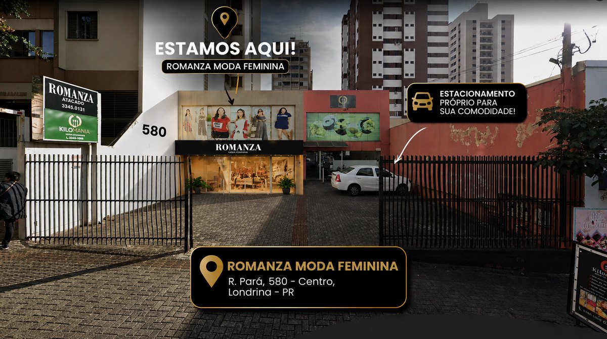 Fachada da loja Romanza Moda Feminina na Rua Pará, 580, centro de Londrina, com estacionamento próprio ao lado
